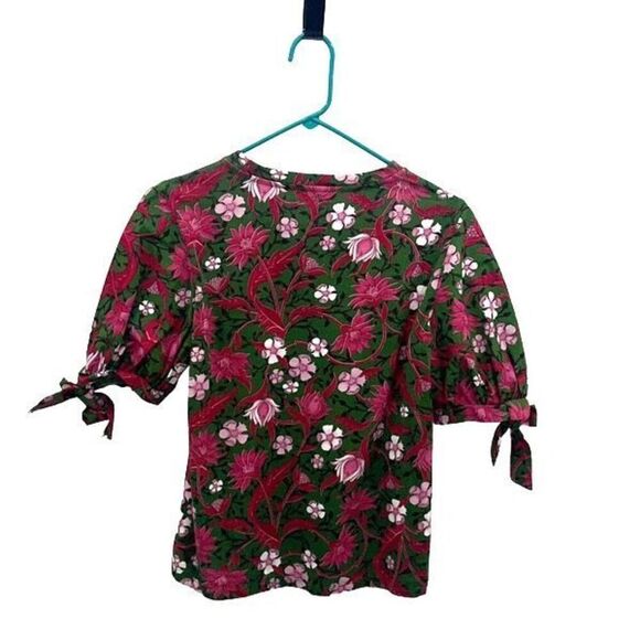 Zara Womens Floral Puff Tie Short Sleeve Cotton Top Pink Green Small - Picture 4 of 9